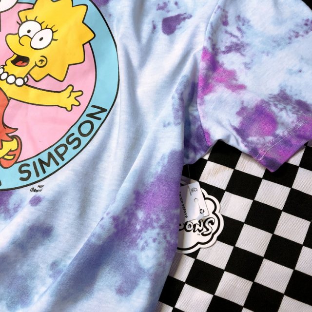Export baby blue -purple cartoon tie dyeing color street swag sweetheart y2k hot girl cute soft cute short -sleeved T -shirt
