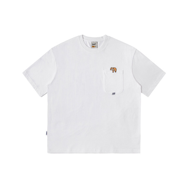 Japanese cute sloth loose shoulder embroidered pocket for men and women middle-sex couple pure cotton round neck short-sleeved T-shirt gj2023