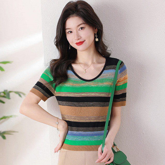 Ice silk short-sleeved sweater for women in summer fat mm large size V-neck shoulder T-shirt slim and slim rainbow striped top trendy