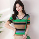 Ice silk short-sleeved sweater for women in summer fat mm large size V-neck shoulder T-shirt slim and slim rainbow striped top trendy