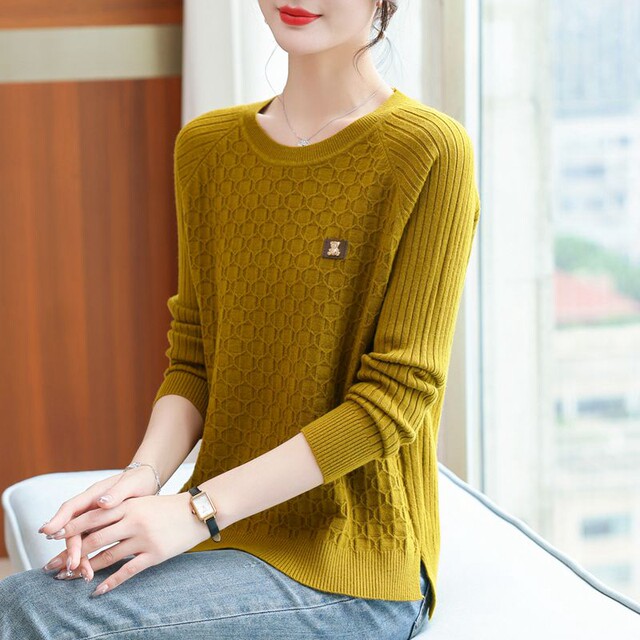 2023 round neck pullover sweater for women loose pullover short thickened front short rear long slit knitted base shirt trendy