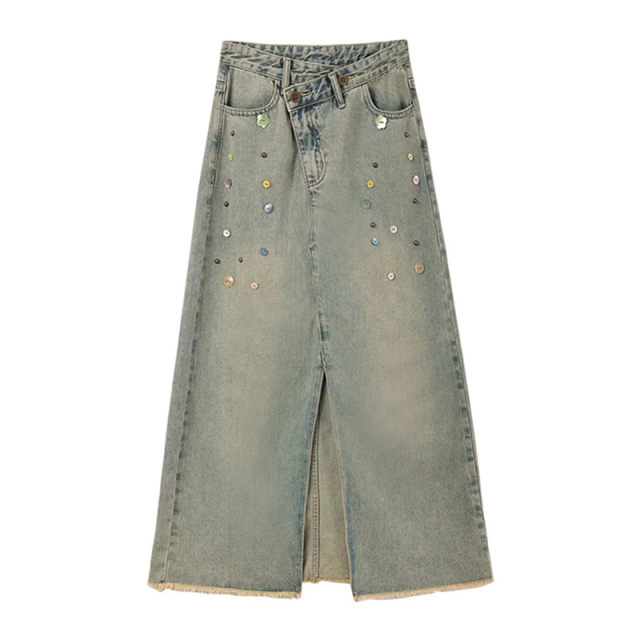 Retro large size split irregular sequin denim skirt for women's summer new high-waisted A-line long skirt ins trendy
