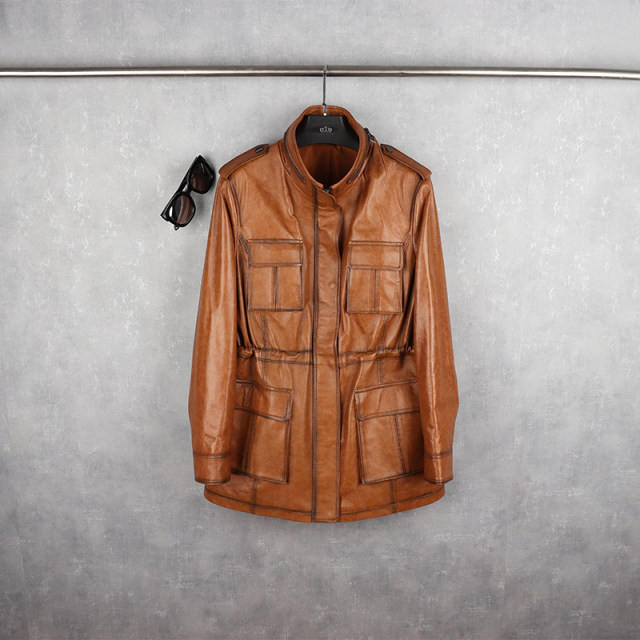 Autumn and winter popular genuine leather jacket for women, mid-length retro distressed Korean style work jacket, large size motorcycle leather jacket