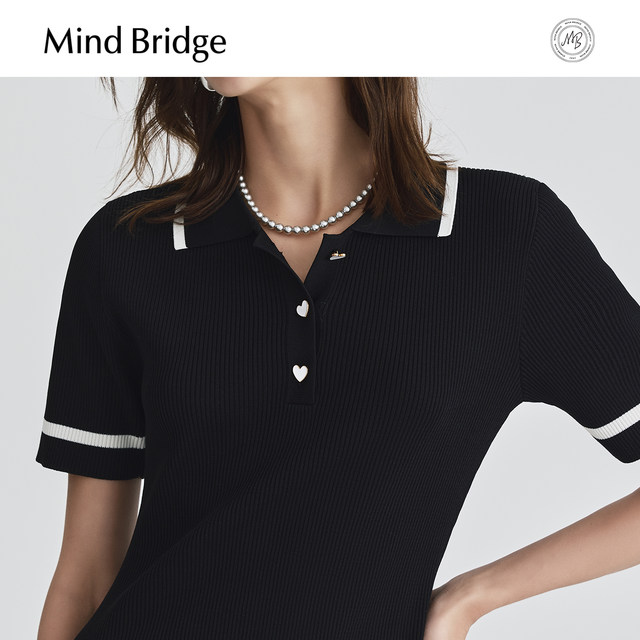 Mind Bridge Summer Elegant Short Sleeve Contrast Skirt Women's Slim Knitted Short Skirt Polo Collar Dress