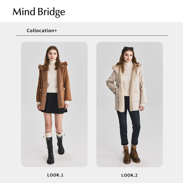 Mind Bridge winter mid -length jacket 2024 new imitation lamb hairs hooded lady thickened jacket