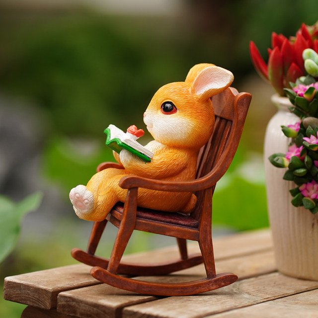 Cute office desktop rabbits reading rocking chair ornaments garden balcony courtyard landscaping potted decoration gift
