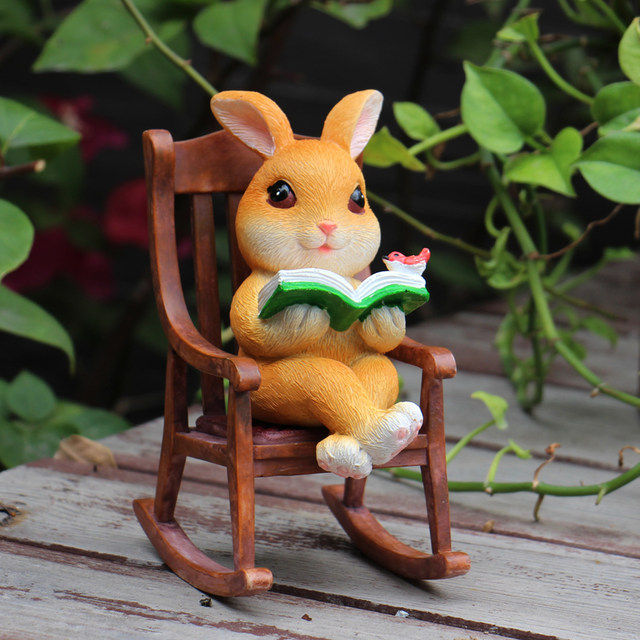 Cute office desktop rabbits reading rocking chair ornaments garden balcony courtyard landscaping potted decoration gift

