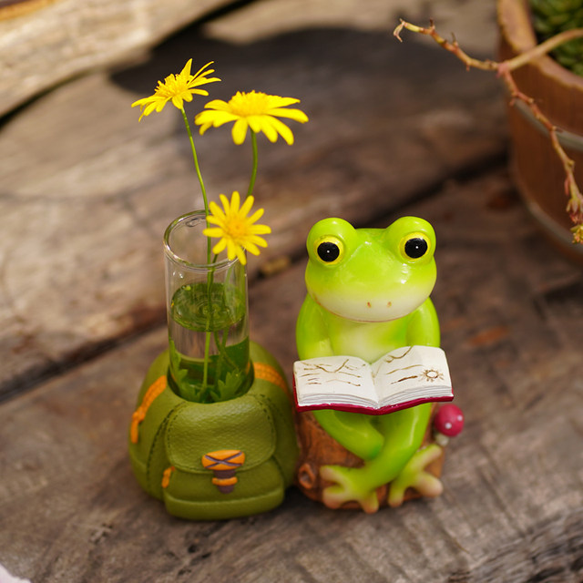 Creative frog reading hydroponic glass vase simulated dry flower arrangement cute living room desktop test tube flower device decoration