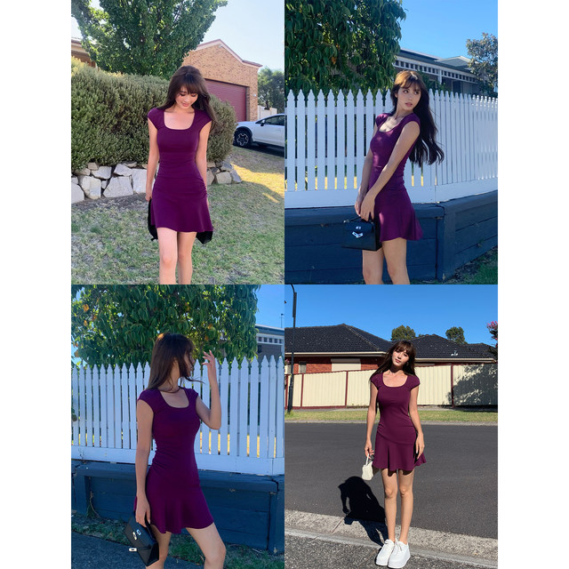 NEVA HU square collar knitted short-sleeved dress for women in summer slim waist and slim temperament hot girl a-line short skirt
