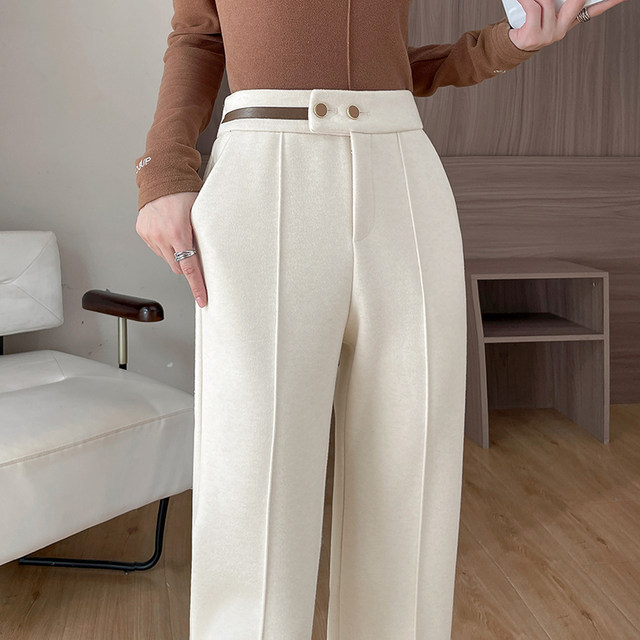 On-white straight-flare trousers for women in autumn and winter thick wool pants draped wool flared pants for women high waist slim trousers
