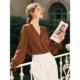 Maillard Brown Earrings V-neck Shirt Women's Autumn 2025 New Long Sleeve Shirt French Bourgeois Top
