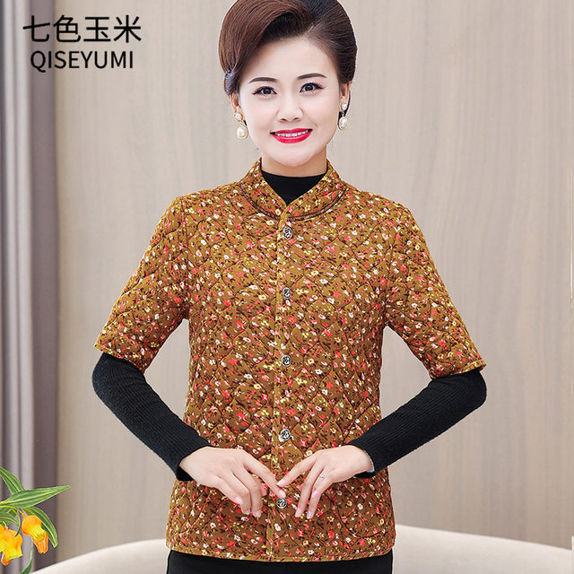 Middle-aged and elderly mothers half-sleeved cotton waistcoat women's vest autumn and winter quilted light cotton coat cotton vest mid-sleeve cotton-padded jacket