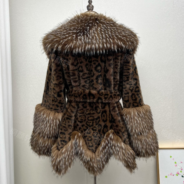 
mink plush leopard fur jacket for women mid-length young and fashionable big fur collar autumn and winter environmentally friendly fur jacket
