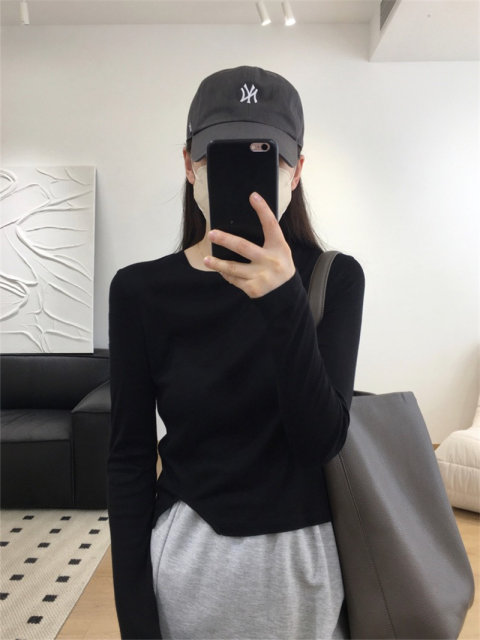 Gray Lysier split kravis short T -shirts spring and autumn top women's new round neck long -sleeved fashion qi