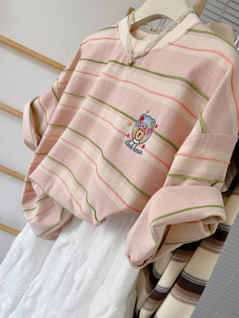 Pink striped bears embroidered short -sleeved top Girl summer 2024 loose, thin niche design, Korean t -shirt