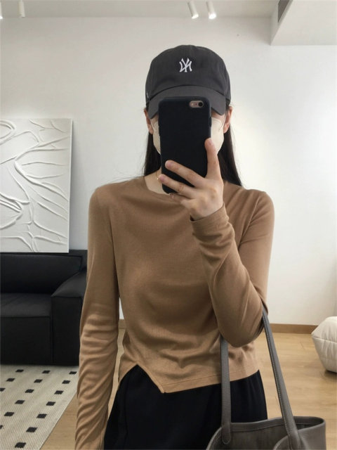 Gray Lysier split kravis short T -shirts spring and autumn top women's new round neck long -sleeved fashion qi