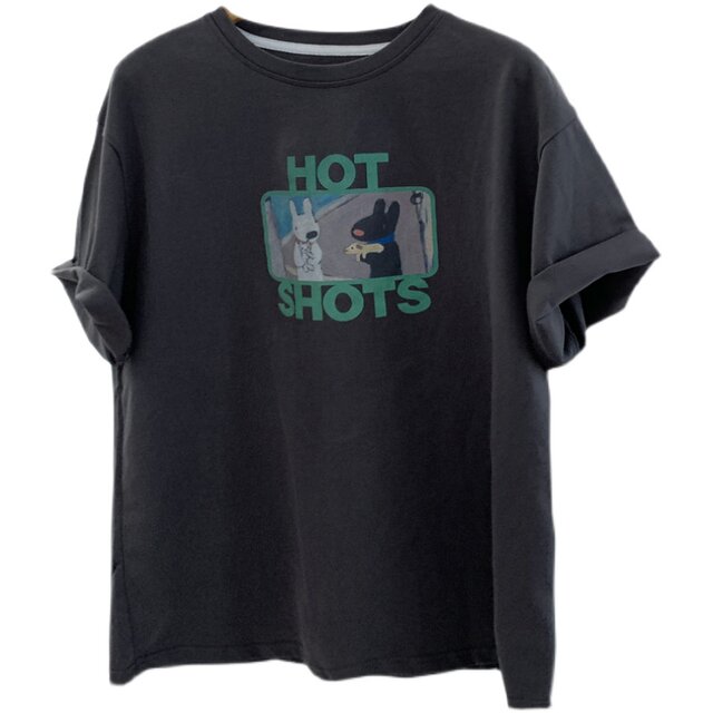 Temperament dark gray contrast letter print cartoon round neck short-sleeved T-shirt for women loose lazy style age-reducing top summer