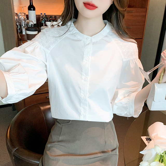White Tennis Shirt Women's Spring Clothing 2025 New French Stand Collar Embroidered Hollow Sleeve Shirt Chic Top