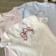 
Fat mm hollow embroidery kitty cat V-neck front shoulder short sleeve T-shirt for women summer slim short chic Korean top