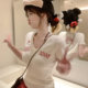 
Fat mm hollow embroidery kitty cat V-neck front shoulder short sleeve T-shirt for women summer slim short chic Korean top