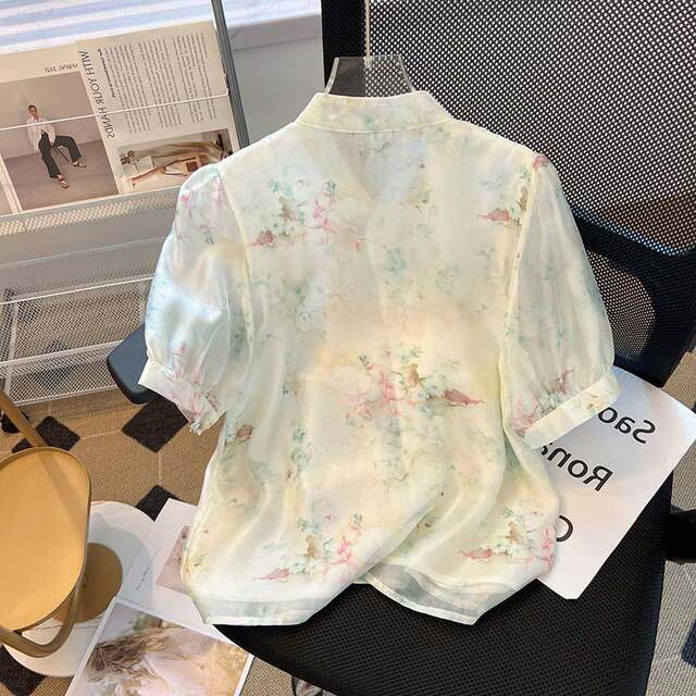 Loose large size fat mm300Jin [Jin equals 0.5 kg] New Chinese floral shirt for women in summer stand-alone neckline button-down shirt puff short-sleeved shirt