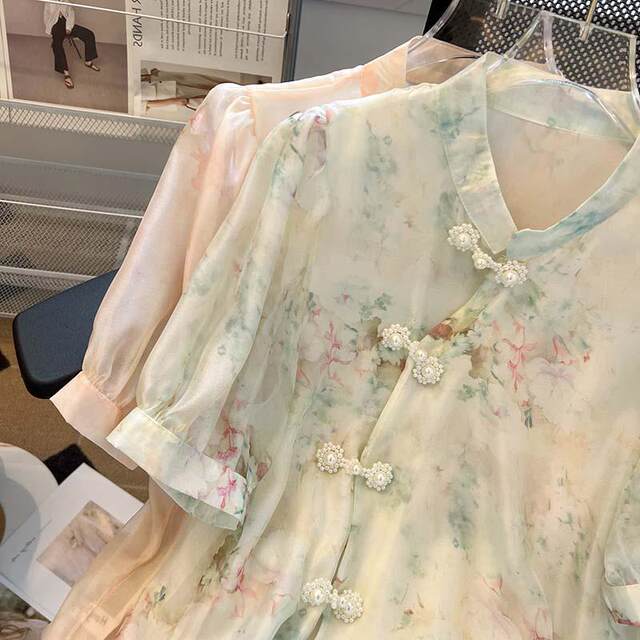 Loose large size fat mm300Jin [Jin equals 0.5 kg] New Chinese floral shirt for women in summer stand-alone neckline button-down shirt puff short-sleeved shirt