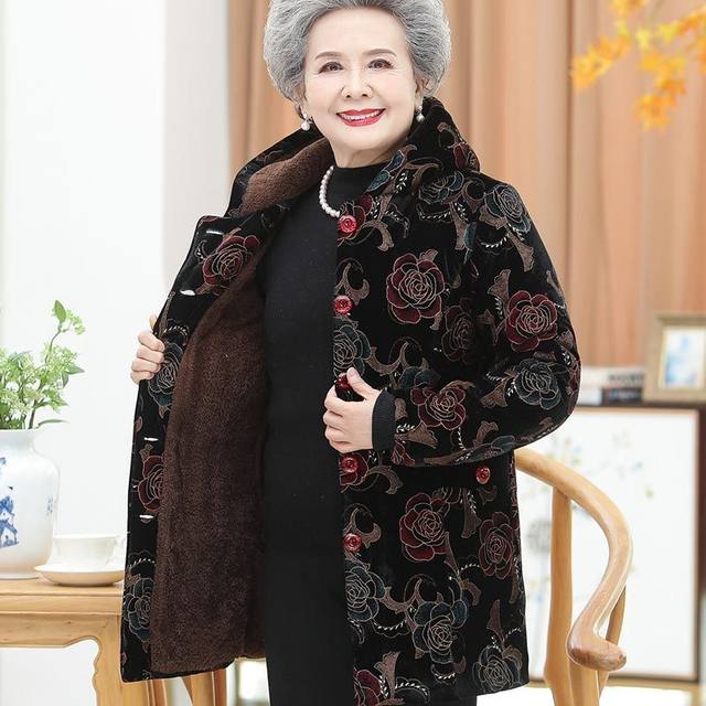 
Middle-aged and elderly women's winter clothing plus velvet and thickening hooded mid-length cotton-padded jacket 6070 80-year-old wife warm cotton coat