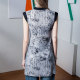 Stand-up collar button mid-length mesh top for women's printing new Chinese style 2025 summer new sleeveless slit shirt