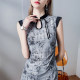 Stand-up collar button mid-length mesh top for women's printing new Chinese style 2025 summer new sleeveless slit shirt