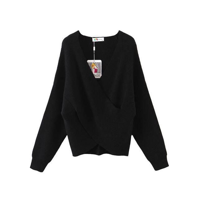 dese smug design sense cross V-neck sweater for women autumn large size fat mm off-shoulder long-sleeved knitted top
