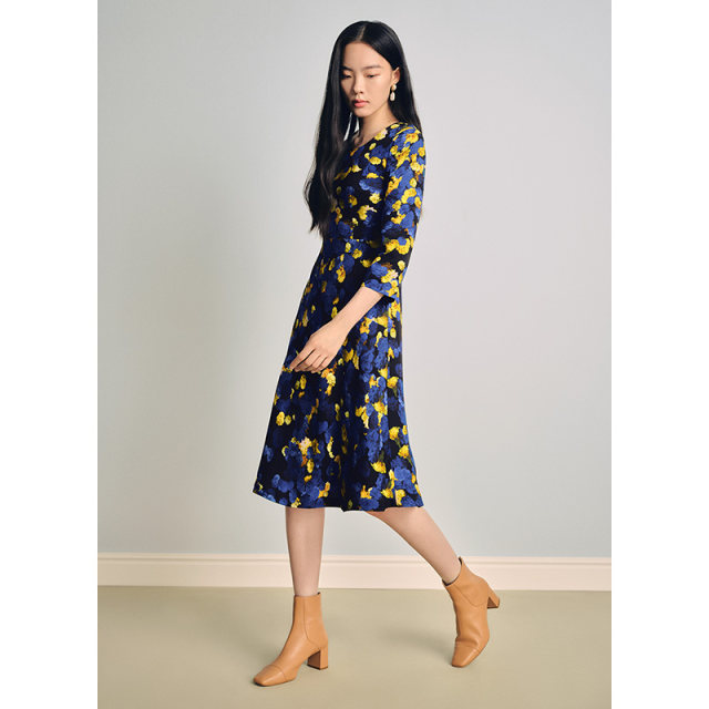lkbennett temperament oil painting printed dress autumn and winter style new product seven-quarter sleeve round neck waist mid-style style