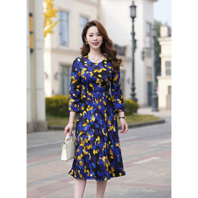 lkbennett temperament oil painting printed dress autumn and winter style new product seven-quarter sleeve round neck waist mid-style style