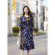 lkbennett temperament oil painting printed dress autumn and winter style new product seven-quarter sleeve round neck waist mid-style style