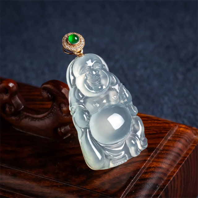 Myanmar natural jade A-grade ice type Laokeng Station Buddha Jade Pendant 18K Ice Buddha Women's Cloth Bag Buddha Ruyi Pendant