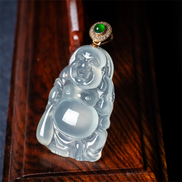 Myanmar natural jade A-grade ice type Laokeng Station Buddha Jade Pendant 18K Ice Buddha Women's Cloth Bag Buddha Ruyi Pendant
