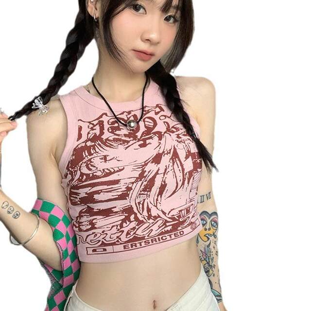 American retro I-shaped vest suspender for women in summer sweet and spicy outside wearing pink hot girl sleeveless short sports top
