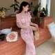 Pink lace luxury bow round neck short -sleeved long skirt high -level sensor -style tempera