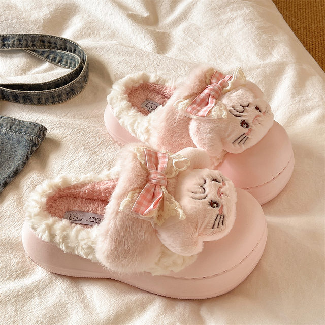 Girly Heart Cute Cat Furry Slippers Women's Winter Indoor Home Thick Soled Plus Velvet Warm Anti-Slip Cotton Slippers