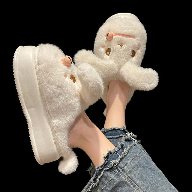 Cute bell puppy cotton slippers for women winter outer wear Baotou thick-soled high-heeled indoor home plush warm slippers