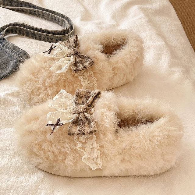 Cotton slippers for women, winter indoor home, warm, non-slip, thick-soled, cute bow bag, plush postpartum cotton shoes