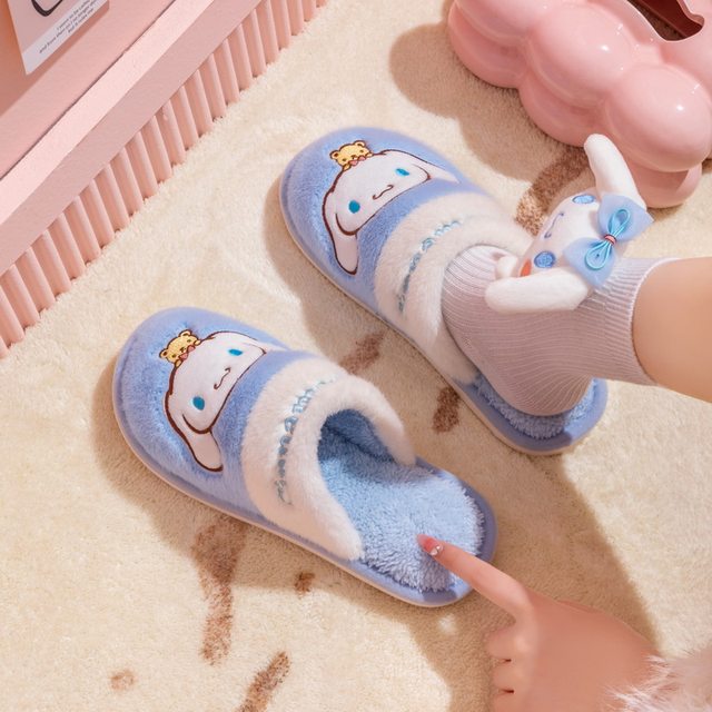 Muer Sanrio Mumor Autumn and Winter New Plush Plush Warm Cartoon Cute Cute Interior Household Non -slip Parent -Child Cotton Slipper
