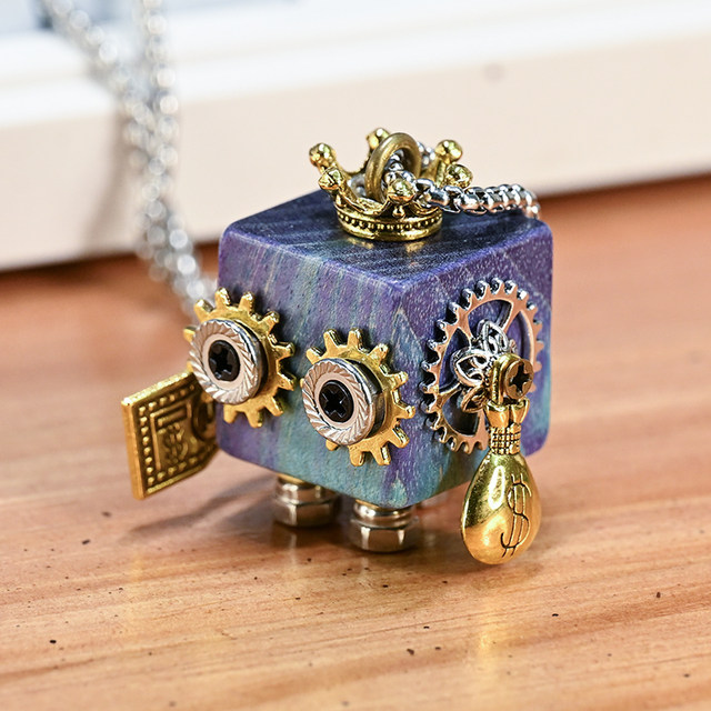 
Steampunk robot necklace bag key pendant ornament wooden handmade cute cartoon couple small gift