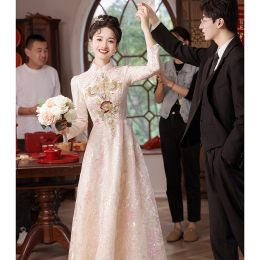 Cheongsam toast Bride Superior Sense2023 New Autumn Winter Chinese Custom Wedding Dress Women Get Married at a Cabinet Dinner