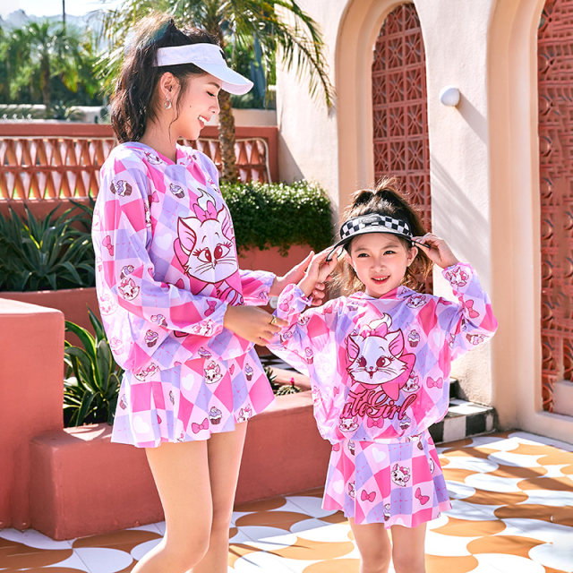 
Parent-child swimsuit mother-daughter skirt bikini three-piece set flat corner long-sleeved sun protection hoodie Kulomi big girls swimsuit