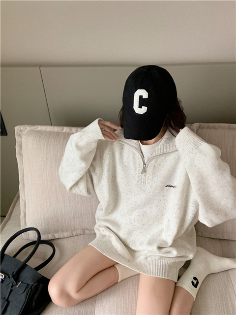 Niche design high-end semi-zipper lazy style sweater for women in autumn and winter loose retro soft Korean knitted top
