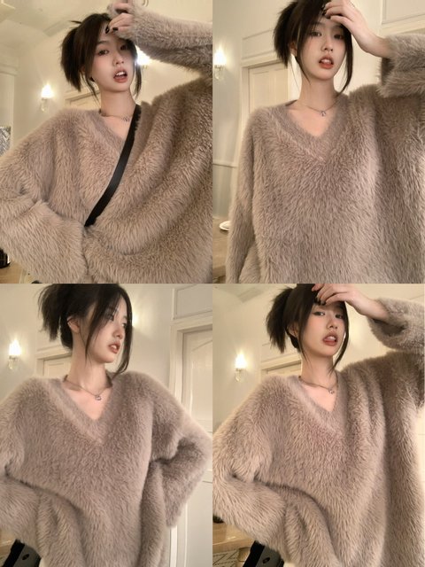 Korean style lazy V-neck sweater for women thickened autumn and winter Korean high-end mid-length soft and gentle style knitted top
