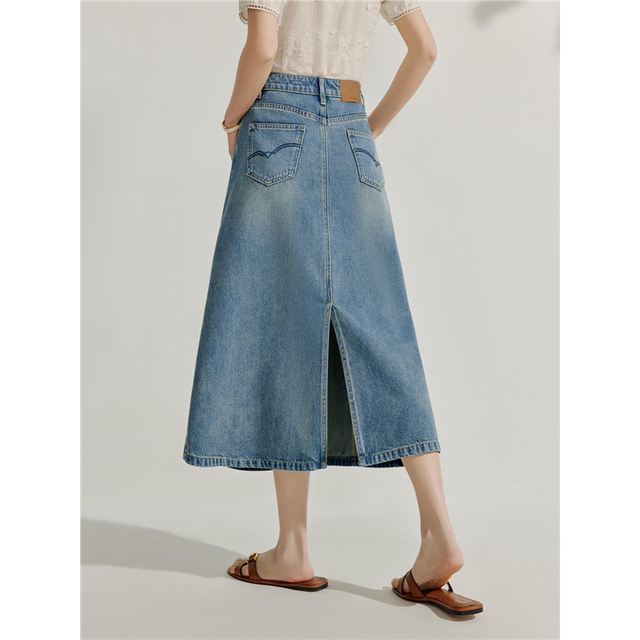 Inman retro washing cowboy skirt 2025 summer women's clothing new high-waisted slim A-line mid-length denim skirt

