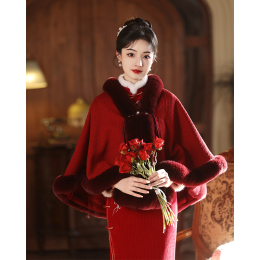 New Chinese red cape Bride wedding cape with cheongsam autumn and winter lotus warm water mink hair outside the winter woman