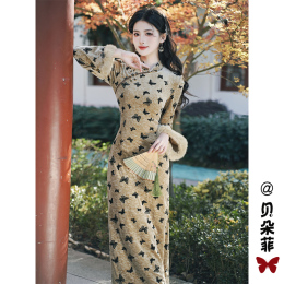 New Chinese style national style improved version of velvet cheongsam dress women spring dress 2024 new senior sense waist long skirt