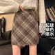 Large -size retro lattice woolen skirt female autumn and winter A -line skirt high waist is thin, small bag hip skirt fat mm
